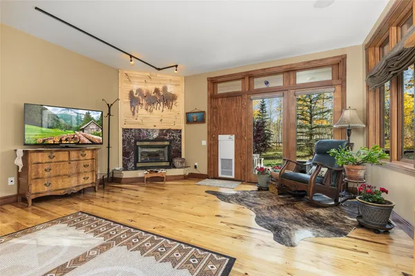 a living room with a couch and a table