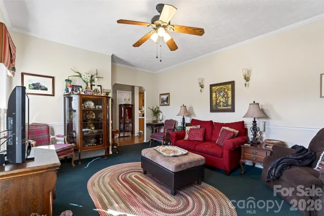 a living room with furniture a ceiling fan and a rug