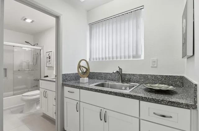 a bathroom with a granite countertop sink a toilet and a shower