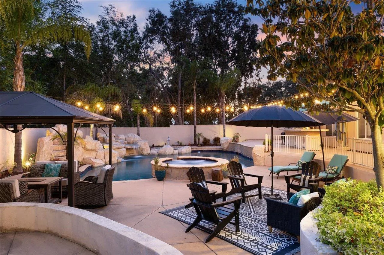 16348 Country Day Road Poway, CA 92064 - Photo 3 of 38 a view of a patio with table and chairs under an umbrella with a barbeque