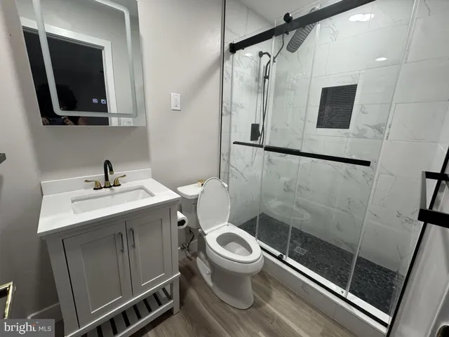 a bathroom with a sink a toilet a mirror and shower