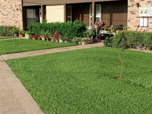 a front view of a house with a yard and potted plants