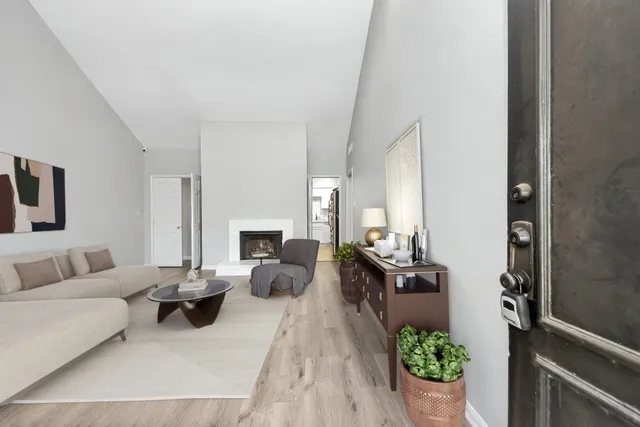 a living room with furniture fireplace and a potted plant