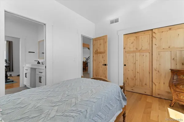 a bedroom with a bed and a walk in closet