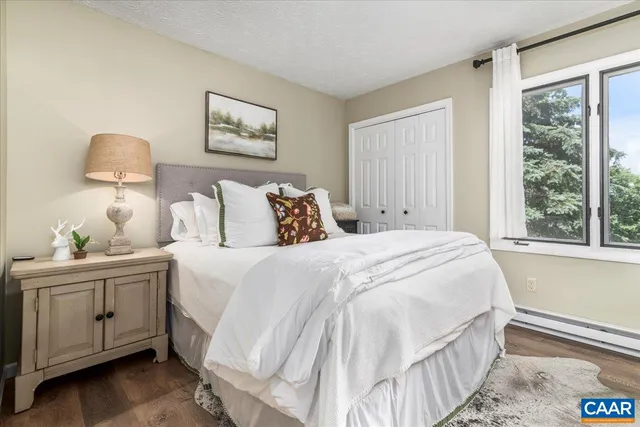 a view of a backyard with large trees