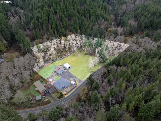 an aerial view of a house with a yard