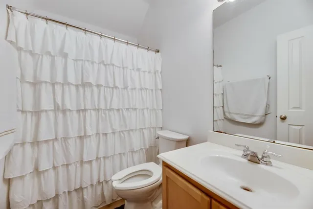 a bathroom with a sink a toilet and shower curtain
