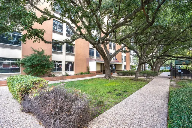 a view of a tennis ground with large trees