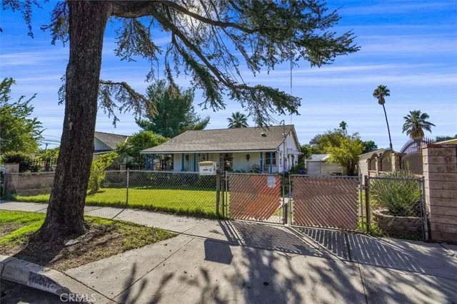 a view of a garden with a slide