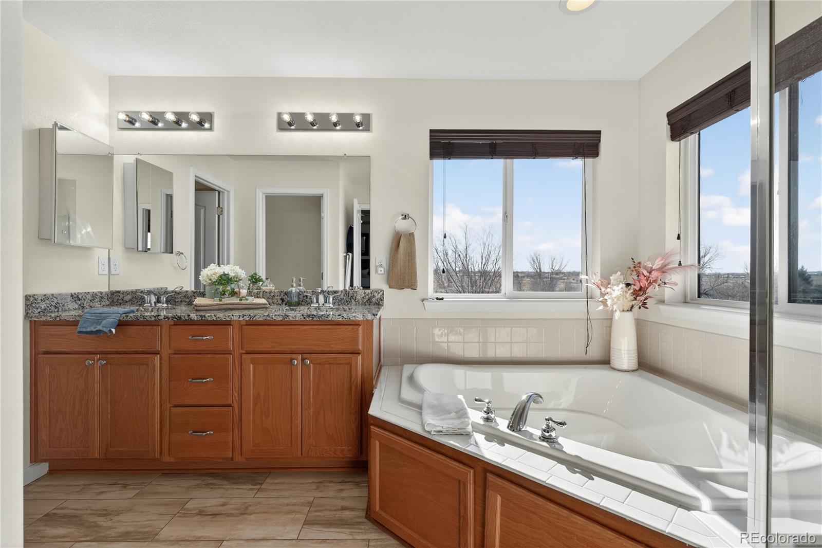 10180 Audrey Street Firestone, CO 80504 - Photo 24 of 46 a bathroom with a granite countertop tub sink and mirror