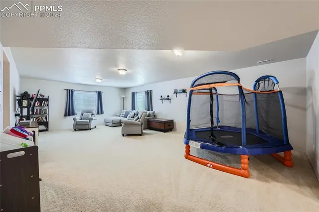 a living room with furniture gym equipment and a rug