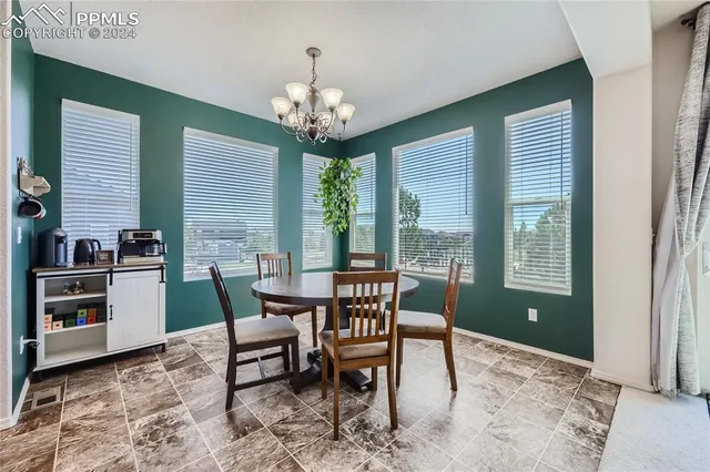 a view of a dining room with furniture window and outside view