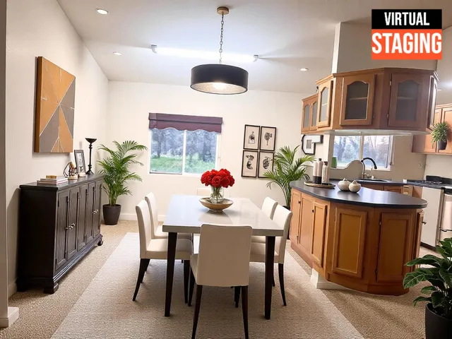 a dining room with furniture and window