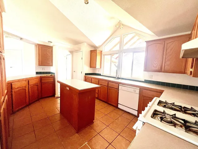 a large kitchen with stainless steel appliances granite countertop a stove a sink dishwasher and a refrigerator