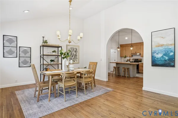 a view of a dining room with furniture