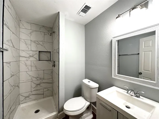 a bathroom with a shower a sink a toilet and a mirror