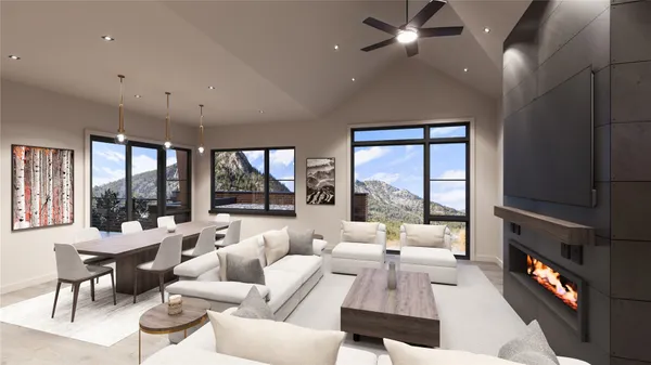a living room with furniture large window and flat screen tv