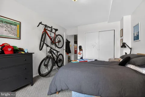 a bedroom with a bed and a closet