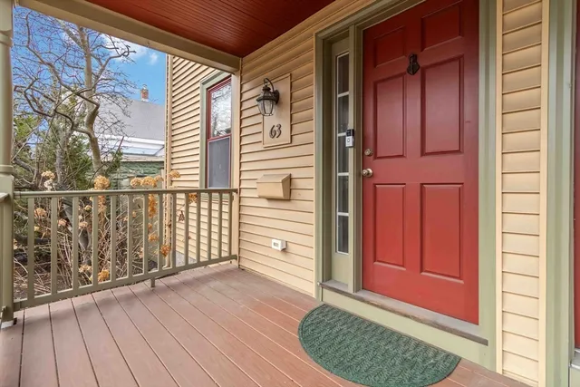 a view of a wooden door and city view