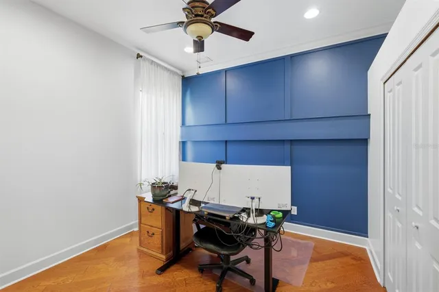 a workspace with chandelier