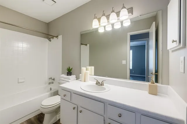 a bathroom with a sink a toilet and a large mirror