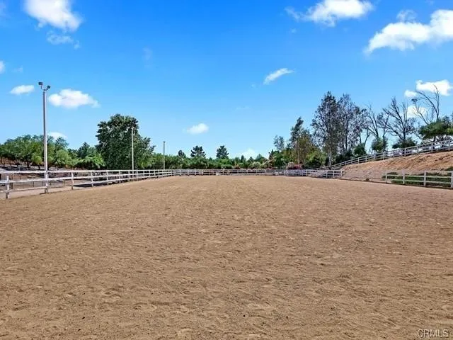 a view of a park with large trees