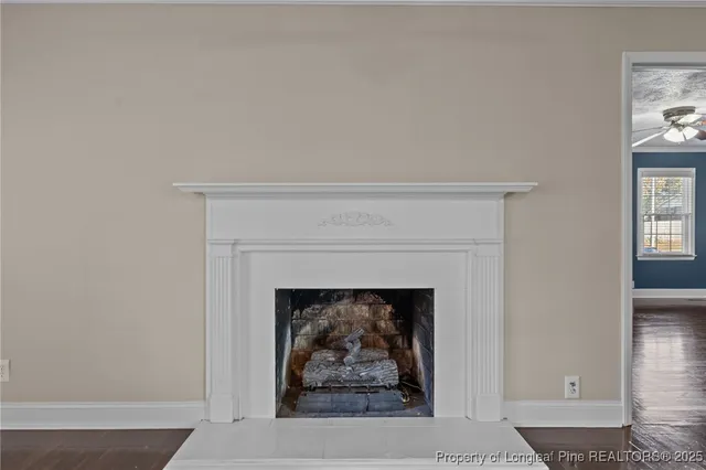 a living room with a fireplace