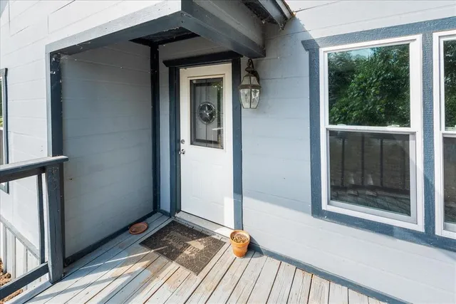 a view of a balcony from a window