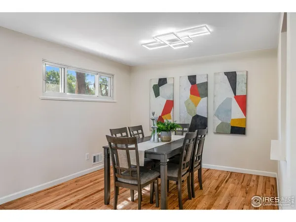 a view of dining room and wooden floor