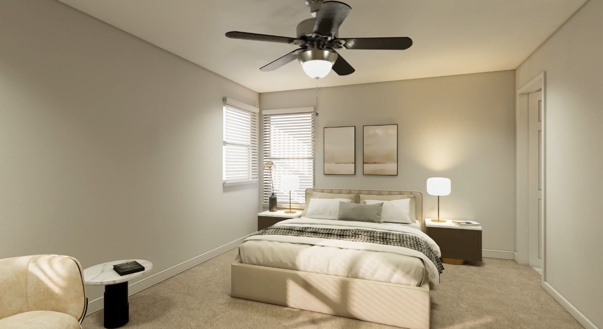 12110 Corsicana Trail, Unit 19B Manor, TX 78653 - Photo 15 of 23 Bedroom featuring carpet flooring and a ceiling fan