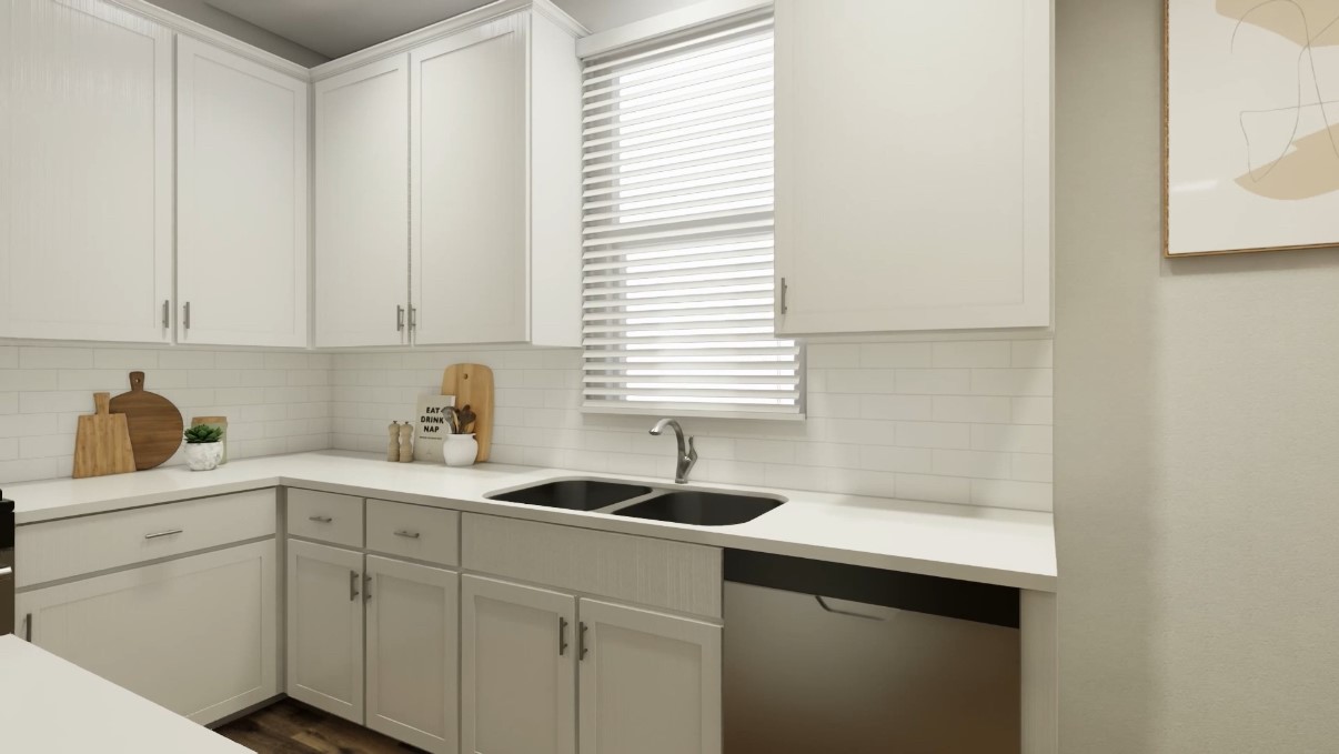 12110 Corsicana Trail, Unit 19B Manor, TX 78653 - Photo 18 of 23 Kitchen with white cabinets, stainless steel dishwasher, and decorative backsplash