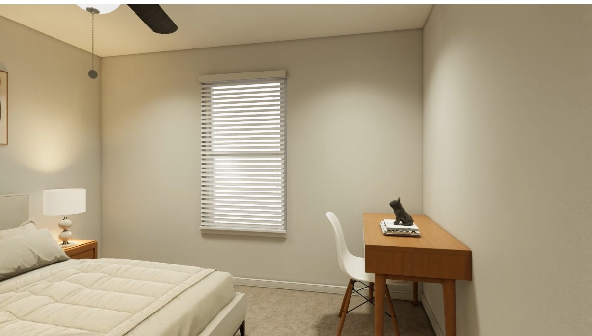 12110 Corsicana Trail, Unit 19B Manor, TX 78653 - Photo 4 of 23 Bedroom with a ceiling fan and light carpet