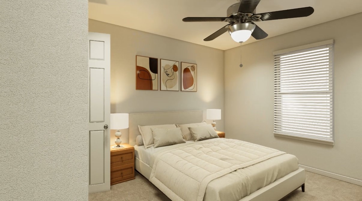 12110 Corsicana Trail, Unit 19B Manor, TX 78653 - Photo 5 of 23 Carpeted bedroom featuring ceiling fan