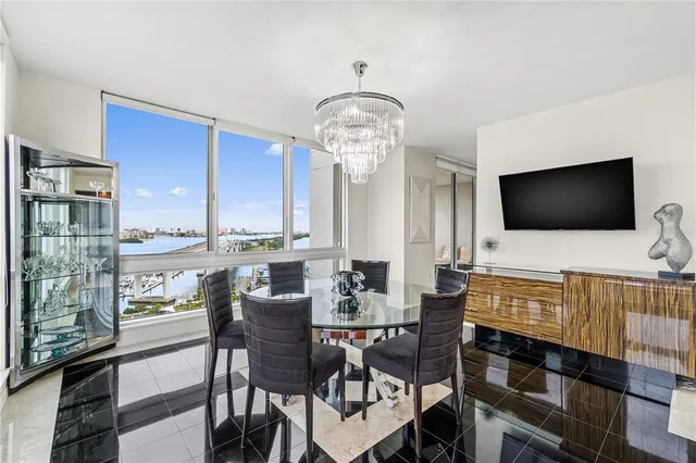 a view of a dining room with furniture window and outside view