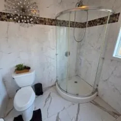 a bathroom with a toilet and a shower