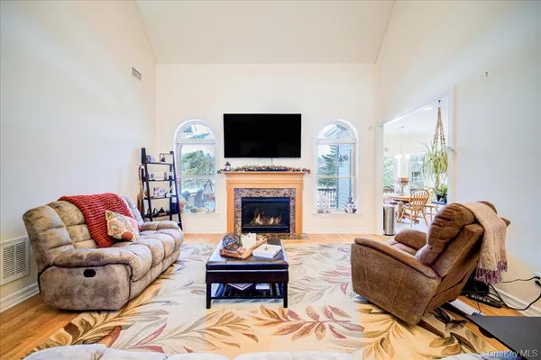a living room with furniture a flat screen tv and a fireplace
