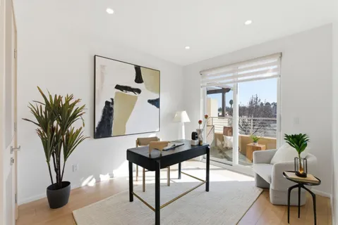 a living room with furniture and a potted plant