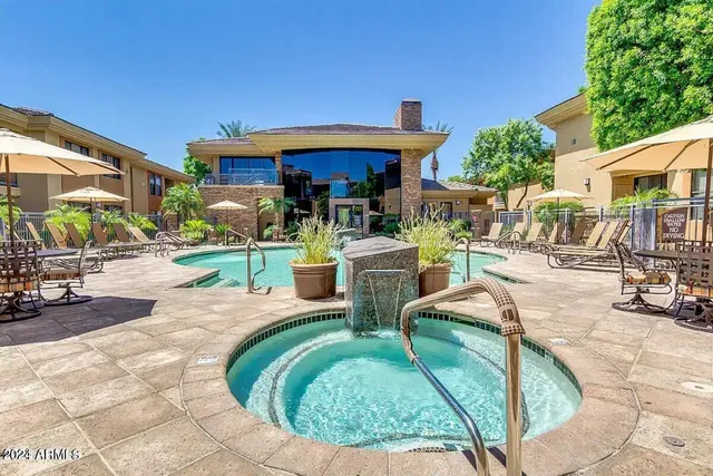 an outdoor space with seating