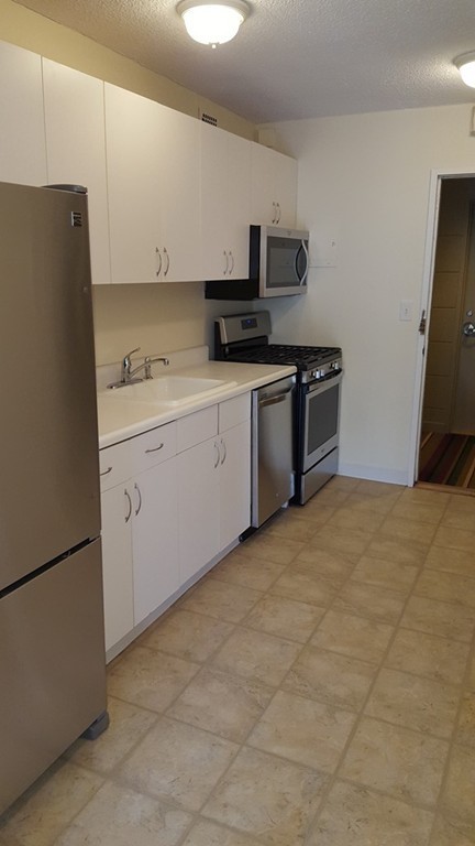 44 Washington Street, Unit 411 Brookline, MA 02445 - Photo 5 of 23 a kitchen with stainless steel appliances a refrigerator sink and stove