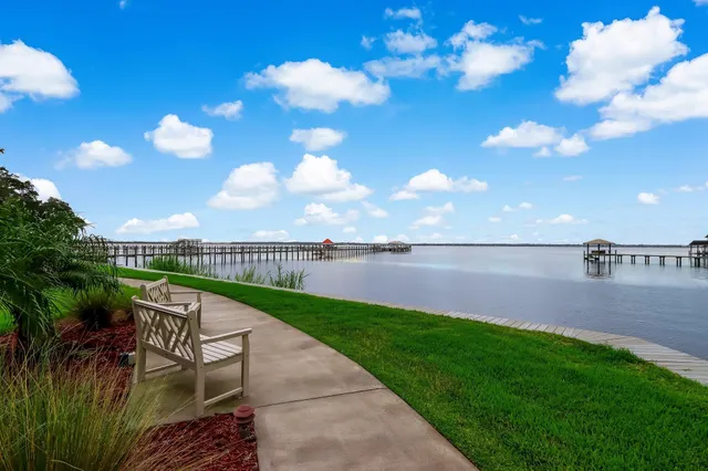 a view of a lake with a garden