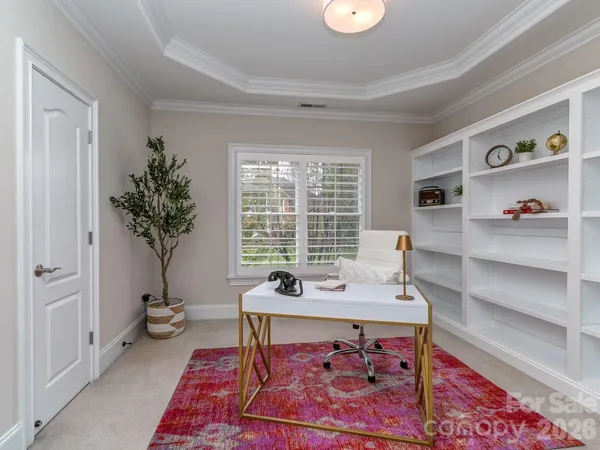 a view of a workspace with furniture and a potted plant