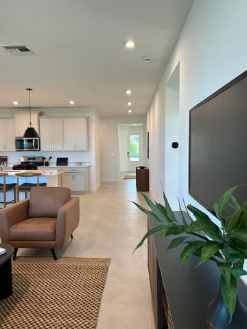 a living room with furniture and a potted plant