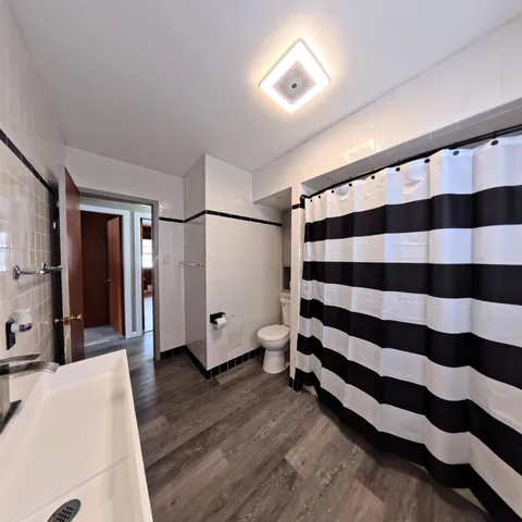 a view of a big room with wooden floor and windows