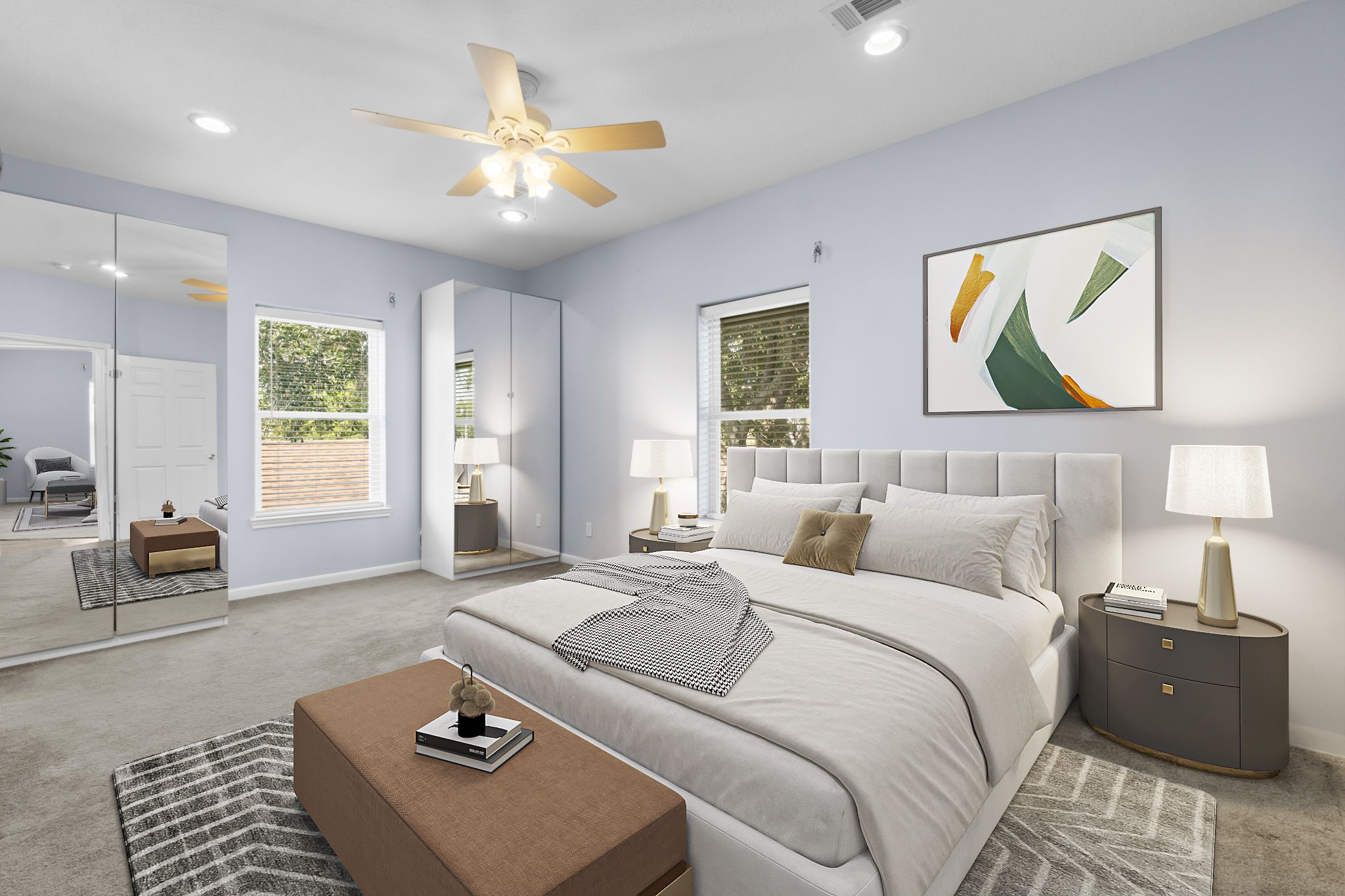 427 2nd Street San Leon, TX 77539 - Photo 6 of 30 a spacious bedroom with a bed a couch and a chandelier