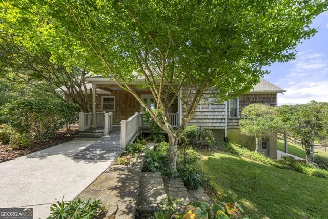 a backyard of a house with plants and large trees