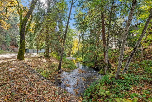 a view of a pool with a yard
