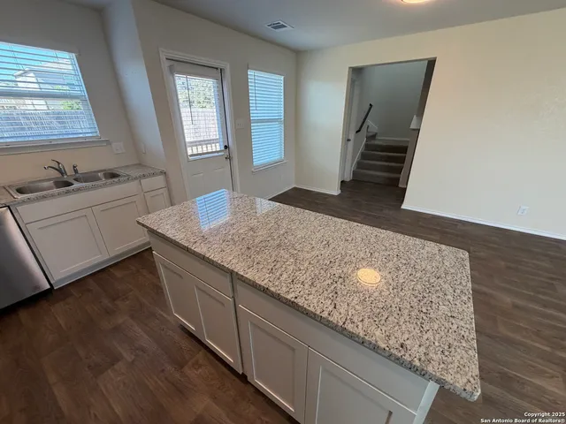 a view of a kitchen cabinets sink and dishwasher with wooden floor