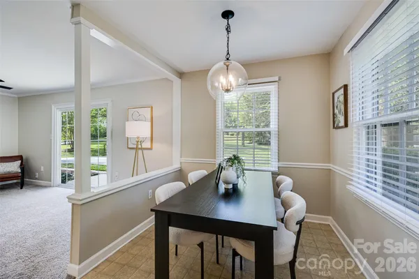 a view of a dining room with furniture window and outside view