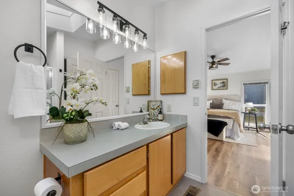 a bathroom with a sink a mirror and vanity