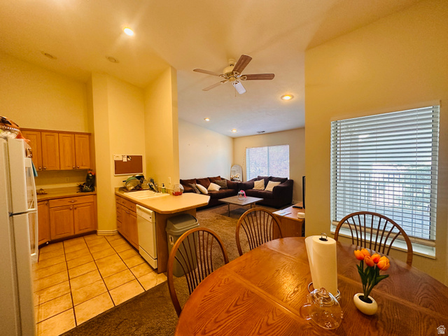 1559 Riverside Avenue, Unit 9 Provo, UT 84604 - Photo 3 of 12 Dining room featuring ceiling fan, lofted ceiling, light tile patterned floors, and recessed lighting